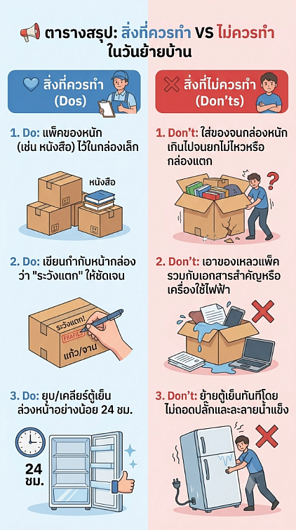 📋 ตารางสรุป: สิ่งที่ควรทำ VS ไม่ควรทำ ในวันย้ายบ้าน